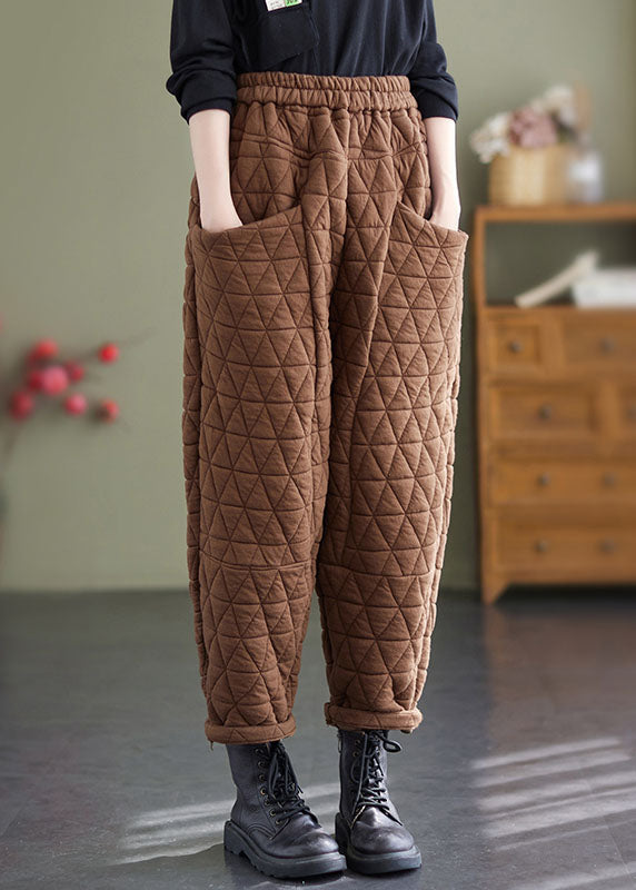 Coffee Plaid Elastic Waist Fleece Pants Winter