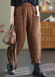 Coffee Plaid Elastic Waist Fleece Pants Winter