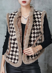 Coffee Plaid Warm Fleece Vests Pockets Spring