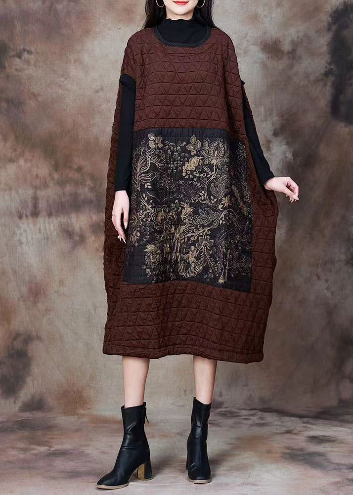 Coffee Pockets Cotton Filled Long Dresses Turtleneck Spring