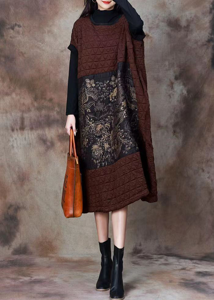 Coffee Pockets Cotton Filled Long Dresses Turtleneck Spring