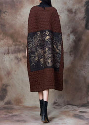 Coffee Pockets Cotton Filled Long Dresses Turtleneck Spring