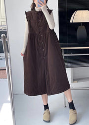 Coffee Pockets Cotton Filled Waistcoat Long Dress Stand Collar Winter