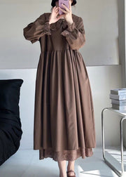 Coffee Pockets Cotton Long Dresses Peter Pan Collar Long Sleeve