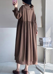 Coffee Pockets Cotton Long Dresses Peter Pan Collar Long Sleeve