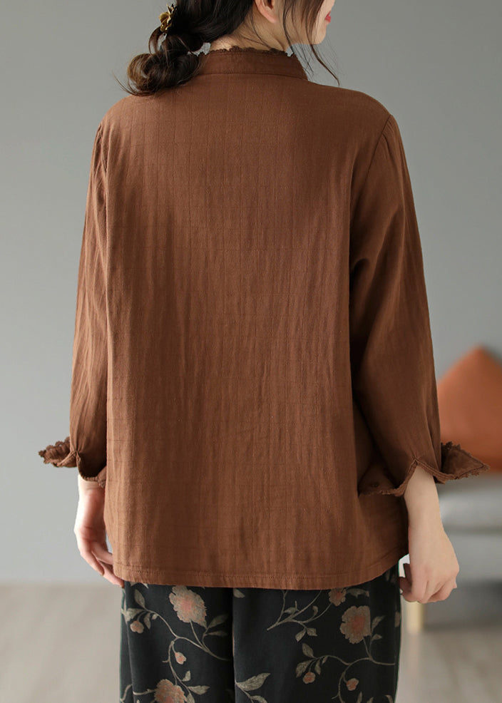 Coffee Pockets Cotton Shirt Stand Collar Long Sleeve