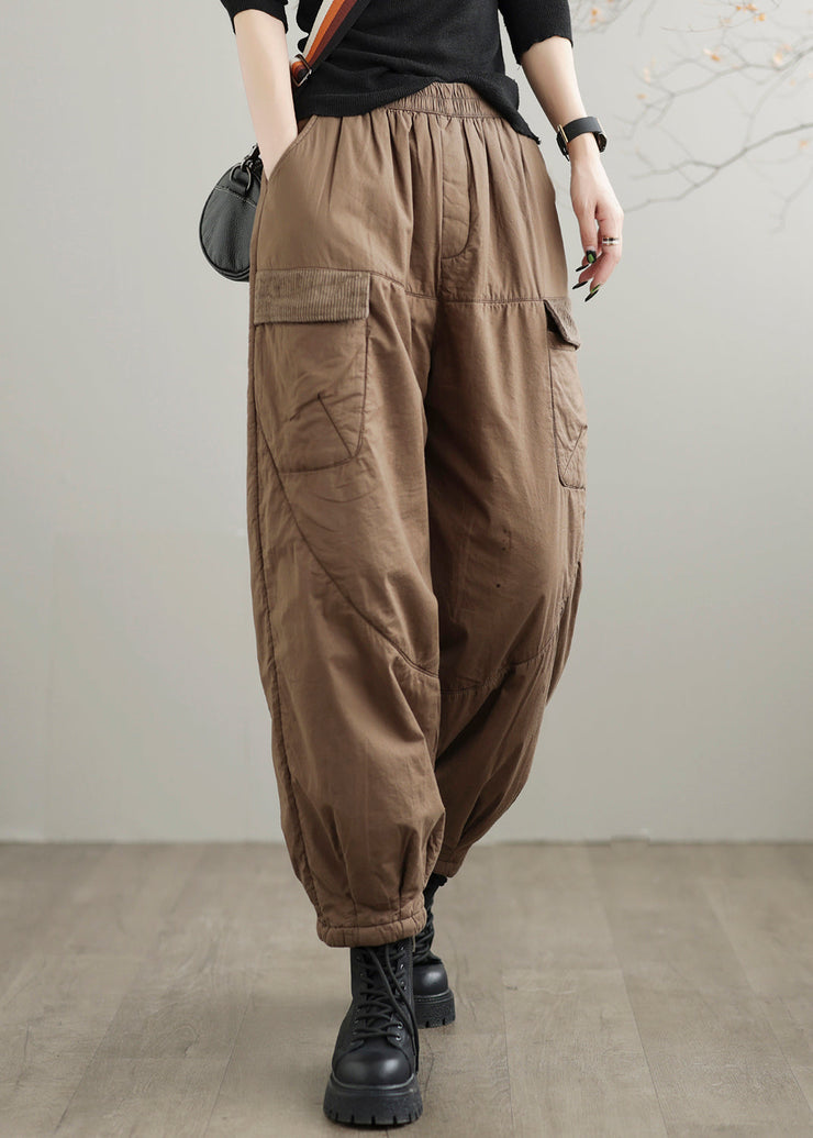 Coffee Pockets Cozy Fine Cotton Filled Pants Elastic Waist Winter