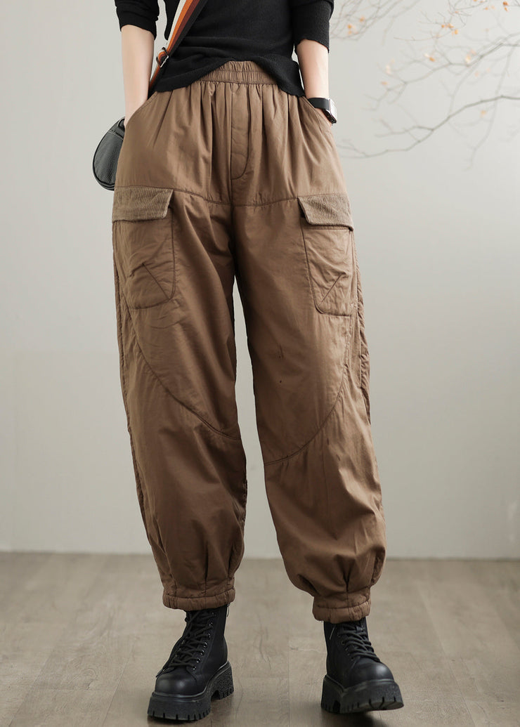 Coffee Pockets Cozy Fine Cotton Filled Pants Elastic Waist Winter