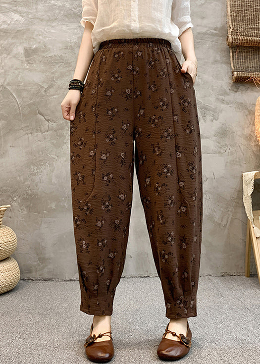 Coffee Pockets Loose Cotton Crop Summer Pants High Waist