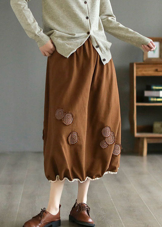 Coffee Pockets Patchwork Cotton Skirts Wrinkled Embroideried Spring