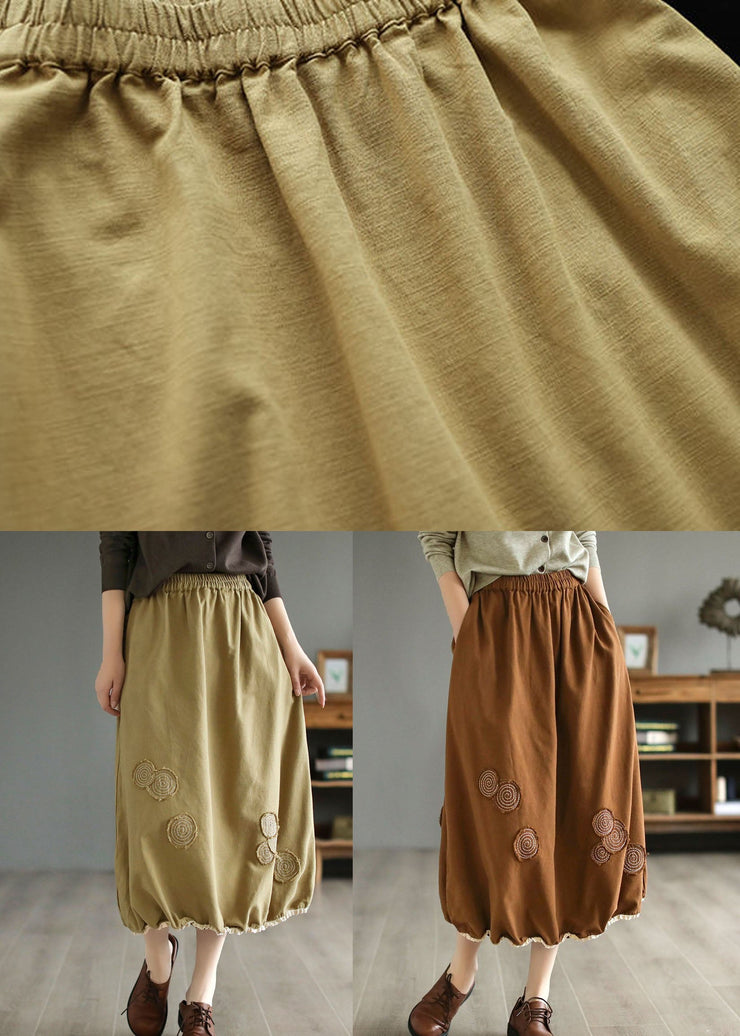 Coffee Pockets Patchwork Cotton Skirts Wrinkled Embroideried Spring