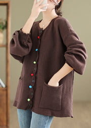 Coffee Pockets Patchwork Cozy Knit Coats O Neck Fall