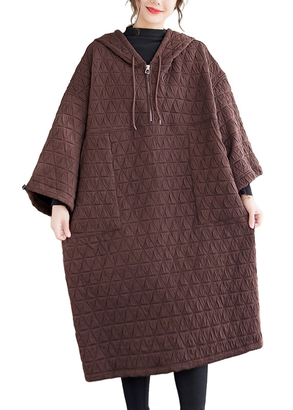 Coffee Pockets Patchwork Fine Cotton Filled Dresses Hooded Winter