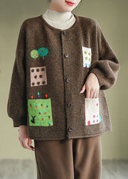 Coffee Pockets Patchwork Knit Cardigans Coat O Neck Button Fall