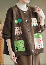 Coffee Pockets Patchwork Knit Cardigans Coat O Neck Button Fall