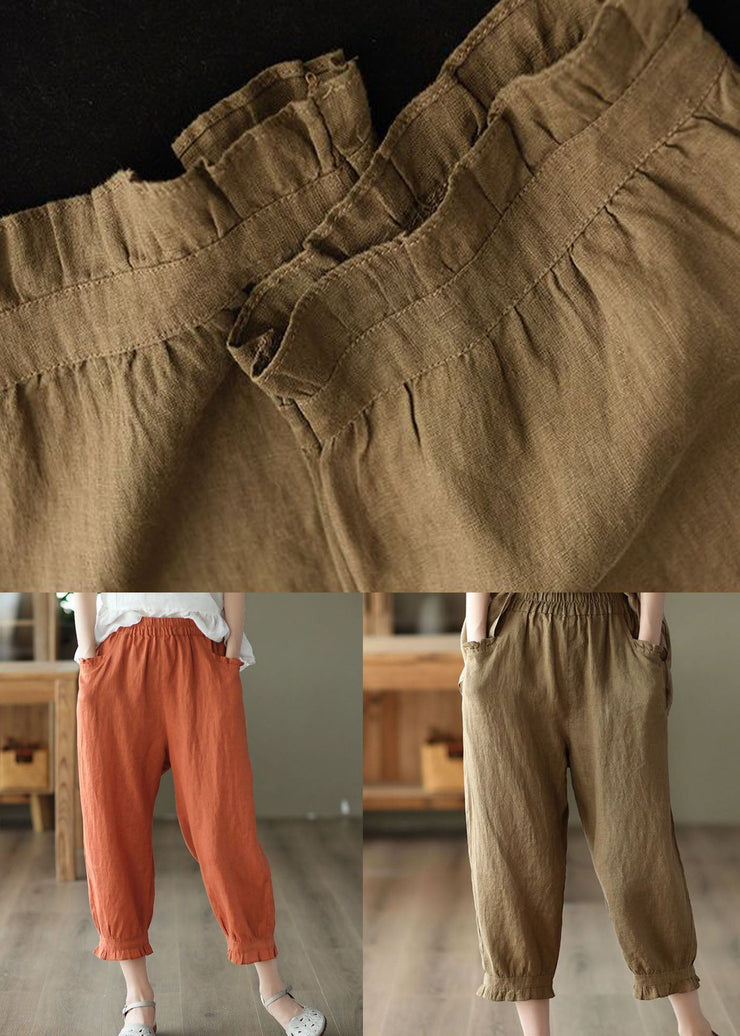 Coffee Pockets Patchwork Linen Crop Pants Cinched Summer