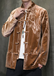 Coffee Pockets Patchwork Silk Velour Men Coat Spring