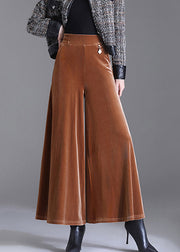 Coffee Pockets Patchwork Velour Wide Leg Pants Elastic Waist Fall