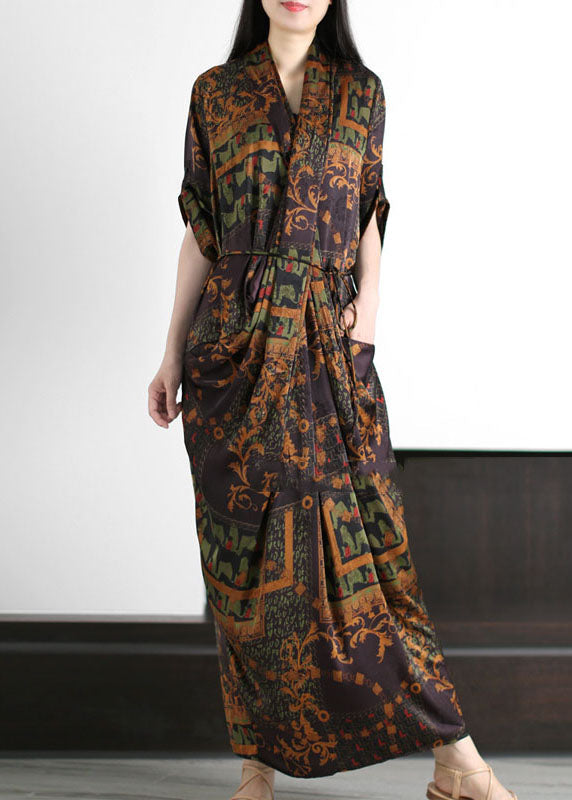 Coffee Pockets Print Patchwork Silk Gown Wrinkled Tie Waist Summer