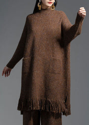 Coffee Pockets Wool Knitwear Dress Stand Collar Winter