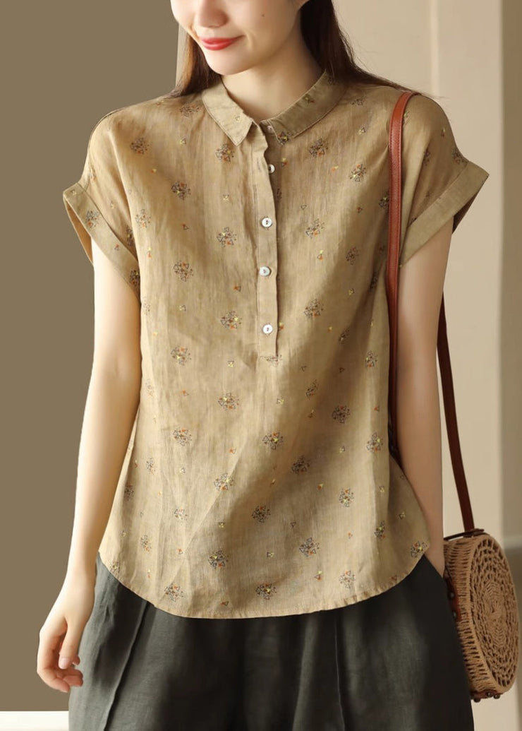 Coffee Print Button Patchwork Linen Top Peter Pan Collar Short Sleeve