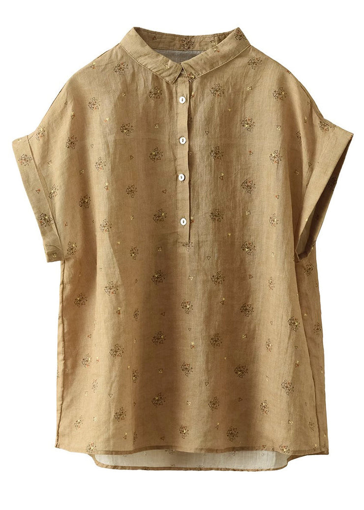 Coffee Print Button Patchwork Linen Top Peter Pan Collar Short Sleeve