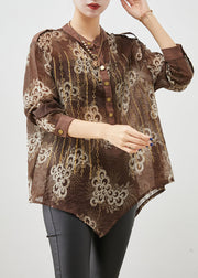 Coffee Print Cotton Shirt Top Asymmetrical Fall