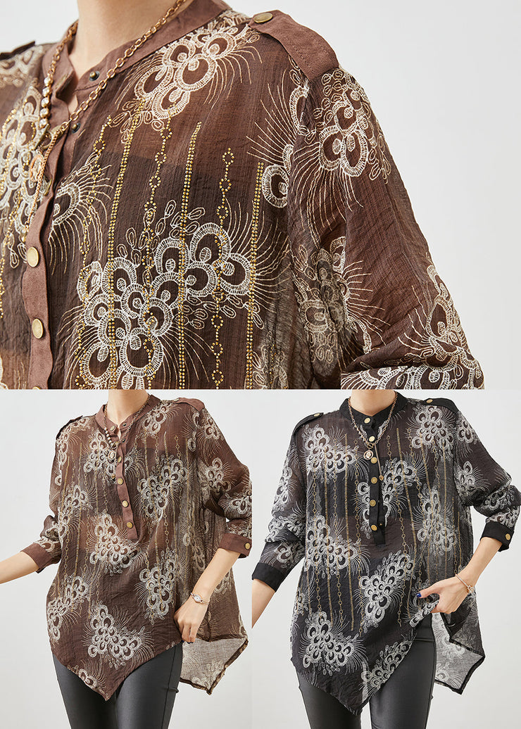 Coffee Print Cotton Shirt Top Asymmetrical Fall