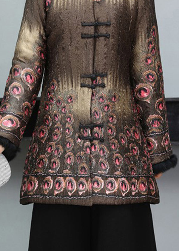 Coffee Print Fine Cotton Filled Coat Fur Collar Button Long Sleeve