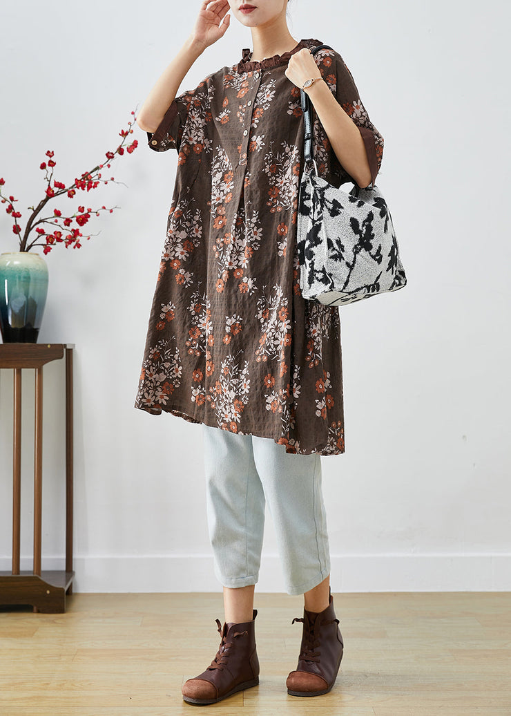 Coffee Print Linen Shirt Dresses Ruffled Summer