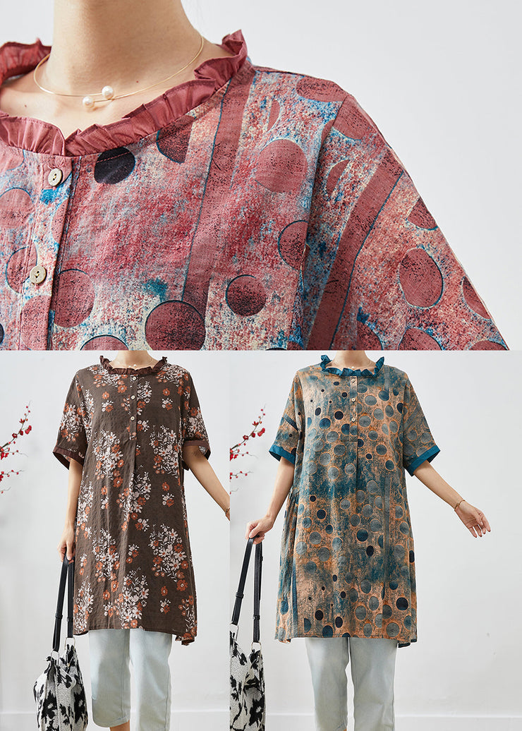 Coffee Print Linen Shirt Dresses Ruffled Summer