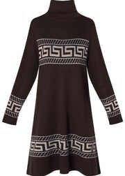 Chocolate Print Long A Line Dress Turtle Neck Long Sleeve