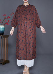 Coffee Print Loose Linen Dress Stand Collar Button Bracelet Sleeve