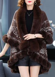 Coffee Print Low High Design Patchwork Woolen Coats Fur Collar Batwing Sleeve