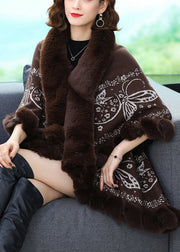 Coffee Print Low High Design Patchwork Woolen Coats Fur Collar Batwing Sleeve