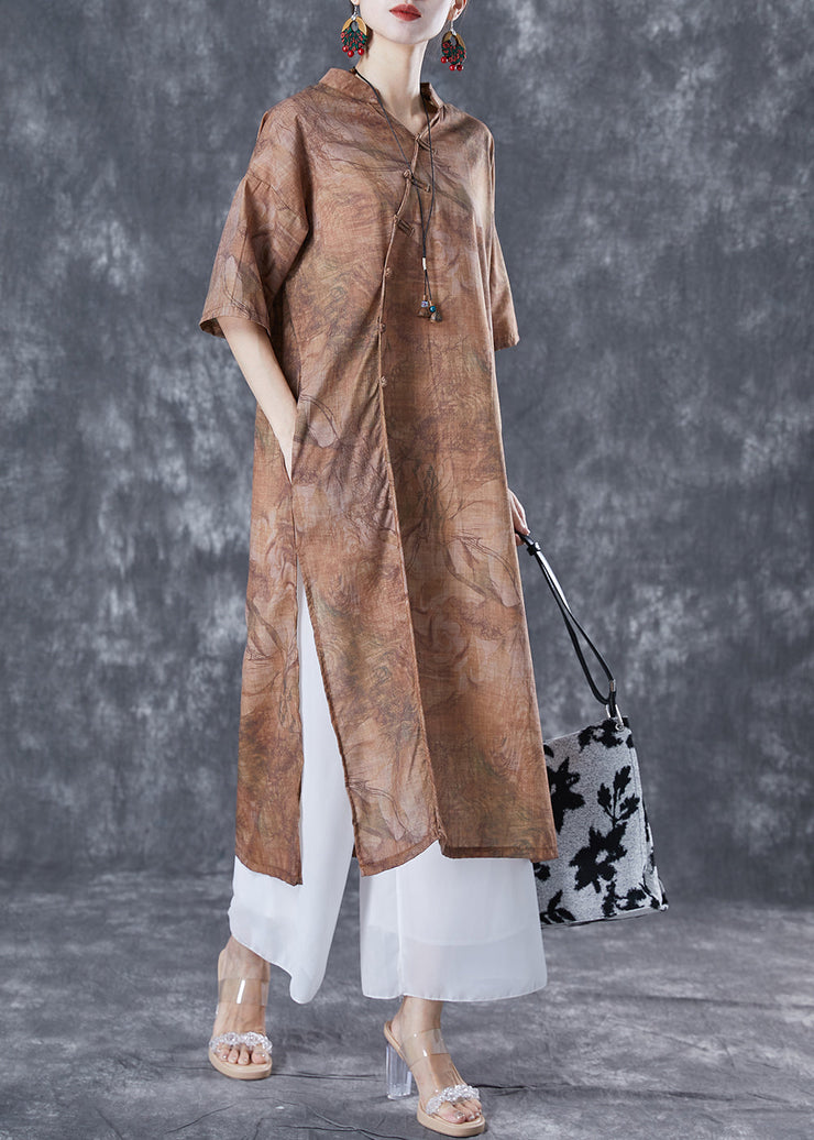 Coffee Print Oriental Linen Long Dresses V Neck Side Open Summer