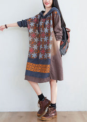 Coffee Print Patchwork Cotton Dress Hooded Spring