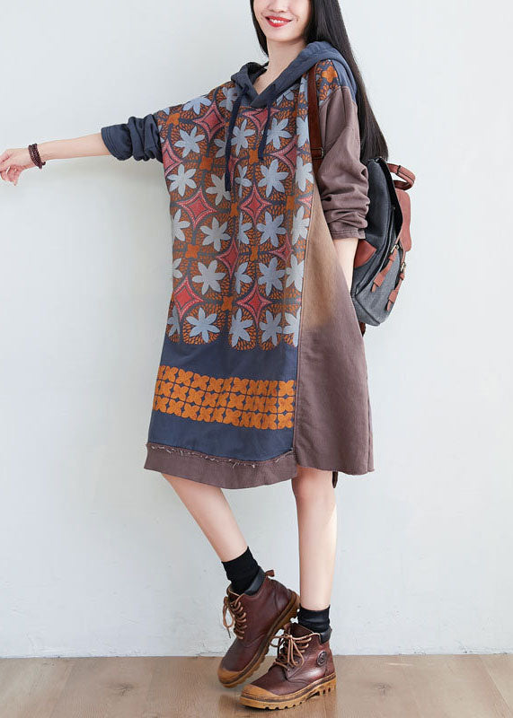 Coffee Print Patchwork Cotton Dress Hooded Spring