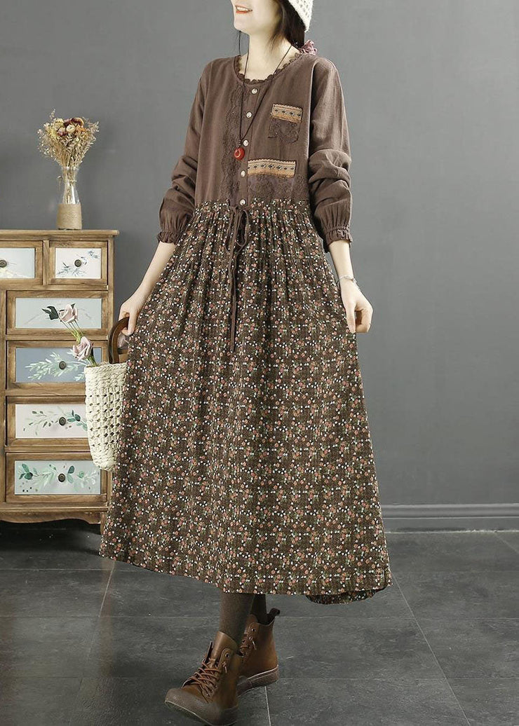 Coffee Print Patchwork Cotton Long Dress Drawstring O Neck Lace Spring