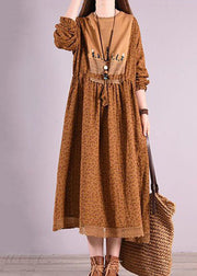 Coffee Print Patchwork Linen Dresses O Neck Elastic Waist Long Sleeve