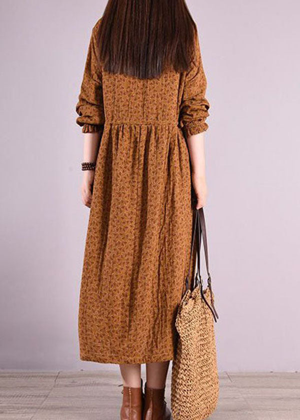 Coffee Print Patchwork Linen Dresses O Neck Elastic Waist Long Sleeve