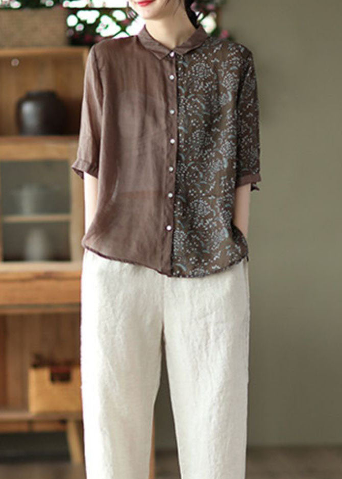 Coffee Print Patchwork Linen Shirts Peter Pan Collar Button Half Sleeve