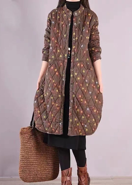 Coffee Print Pockets Patchwork Fine Cotton Filled Coats Stand Collar Winter