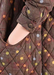 Coffee Print Pockets Patchwork Fine Cotton Filled Coats Stand Collar Winter