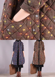 Coffee Print Pockets Patchwork Fine Cotton Filled Coats Stand Collar Winter