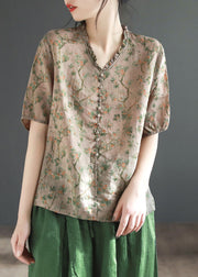 Coffee Print Ruffled Linen Shirt Summer