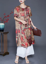 Coffee Print Silk Long Dresses Oversized Draping Summer