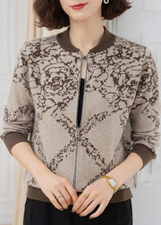 Chocolate Print Woolen Coats Zip Up Thick Long Sleeve