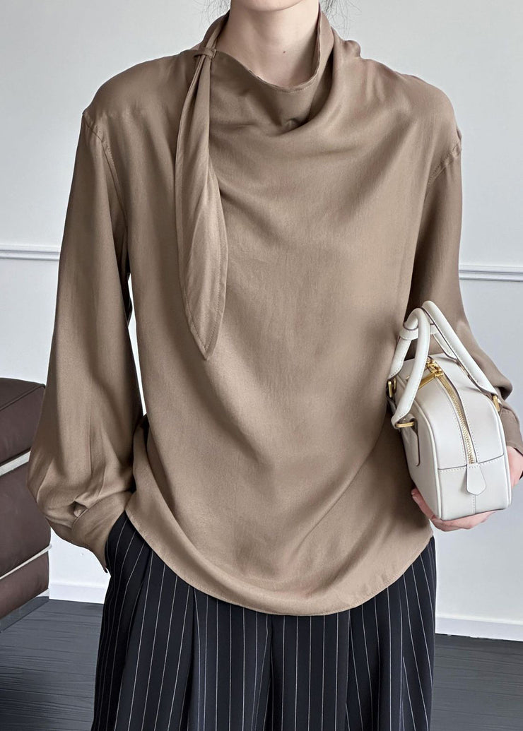 Coffee Solid Cotton Shirt Asymmetrical Fall