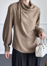 Coffee Solid Cotton Shirt Asymmetrical Fall